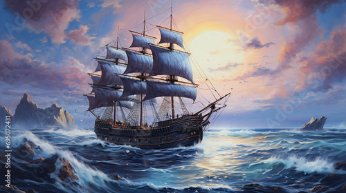  a painting of a pirate ship in the middle of the ocean © inshal
