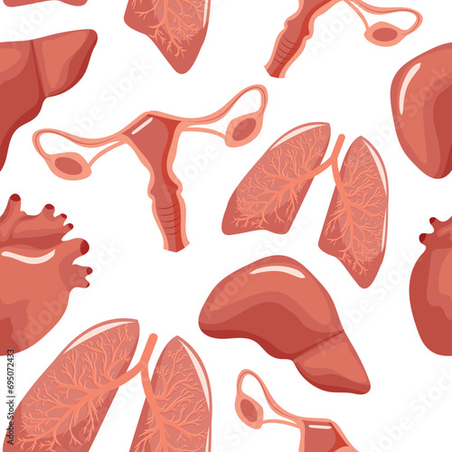seamless pattern with medical outline of internal, human, healthy organs, namely liver, lungs, uterus and heart