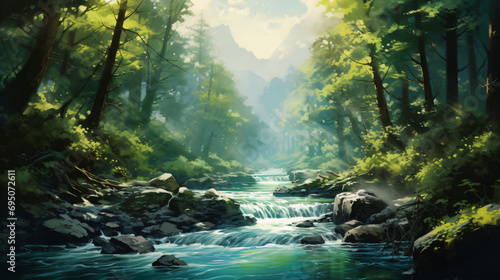 A painting of a river running through a lush green forest