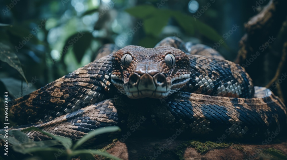 Obraz premium Coiled Python in Rainforest Habitat