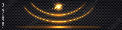 Neon glowing  sticks, golden light shiny lines , thunder bolt, lightning shock effect. Yellow glowing arc, border, divider, electric strike flash explosion. Vector illustration; isolated transparent