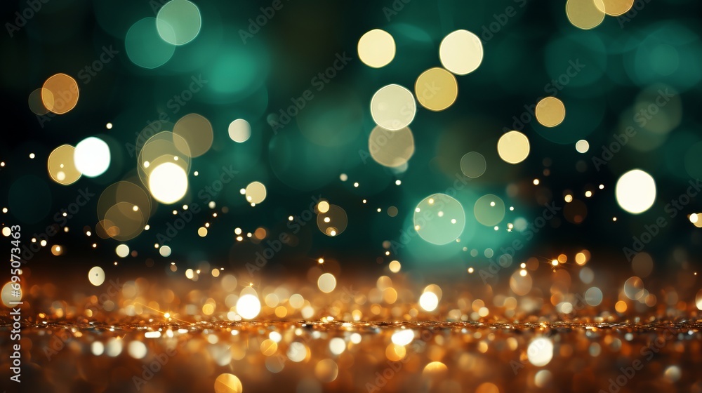 Golden yellow and emerald green glitter lights bokeh background for celebration with copy space