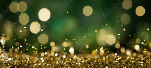 Abstract golden and green glitter bokeh lights background festive backdrop for special occasions