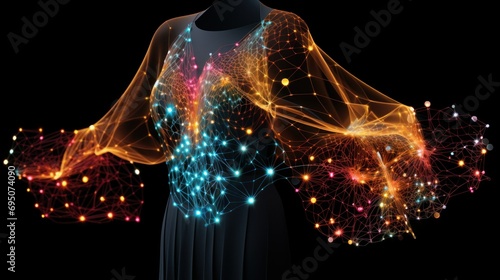 Futuristic AI Neural Network high-tech Fashion Design. AI created garment with glowing neural neon network pattern dark background. AI Clothing Fashion Design Generator.