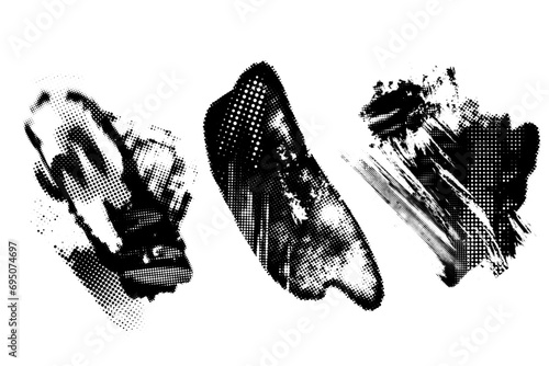 Glitch distorted noise destroyed horizontal cut out shapes set  . Trendy defect halftone stamp. Vector black shape overlay.