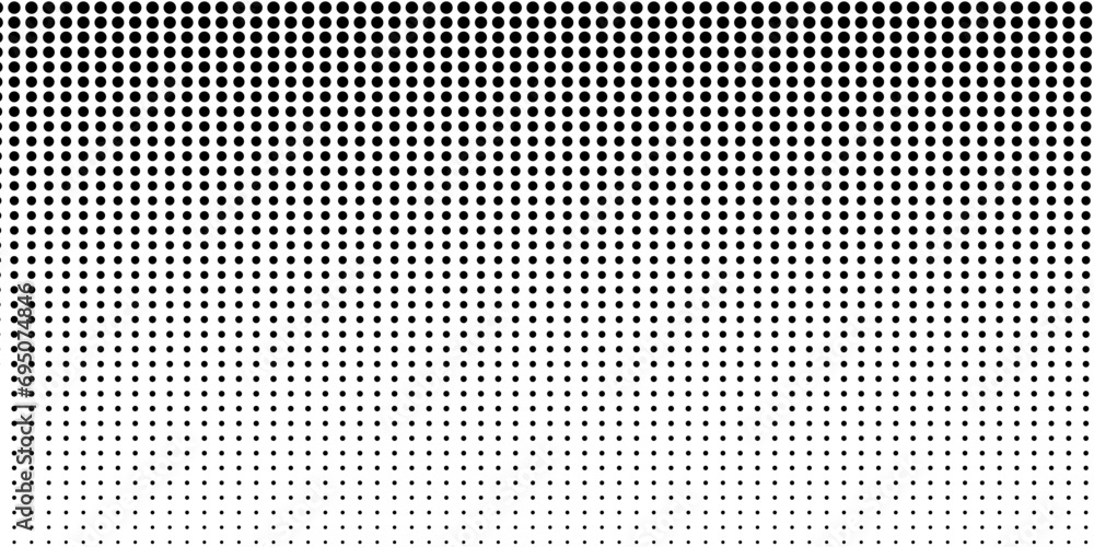 Basic halftone dots effect in black and white color. Halftone effect. Dot halftone. Black white halftone.Background with monochrome dotted texture. Polka dot pattern template. Background with black - obrazy, fototapety, plakaty 