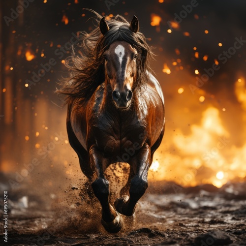 Fiery image of a horse against the backdrop of a blazing fire  Concept  emphasizing strength and steadfastness. The animal gallops  powerful hooves kicking out dirt and dust 