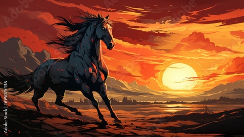 Silhouette of a horse against the background of a red sunset sky with a full moon. Illustration of a cloven-hoofed animal.
