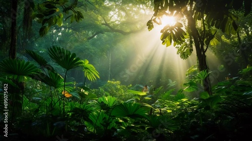 A bright morning in a tropical forest with sunlight shining through between the leaves, plants that thrive without air pollution