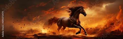 Fiery image of a horse against the backdrop of a blazing fire, Concept: emphasizing strength and steadfastness. The animal gallops, powerful hooves kicking out dirt and dust 