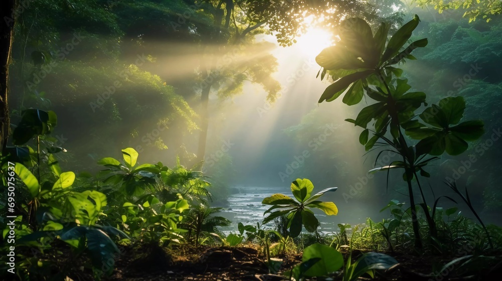 A bright morning in a tropical forest with sunlight shining through between the leaves, plants that thrive without air pollution A bright morning in a tropical forest with sunlight shining through between the leaves, plants that thrive without air pollution