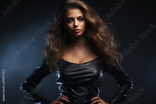 Young woman of model appearance in a black leather dress