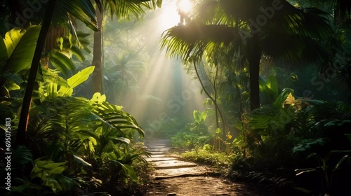 A bright morning in a tropical forest with sunlight shining through between the leaves, plants that thrive without air pollution