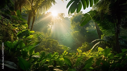 A bright morning in a tropical forest with sunlight shining through between the leaves  plants that thrive without air pollution