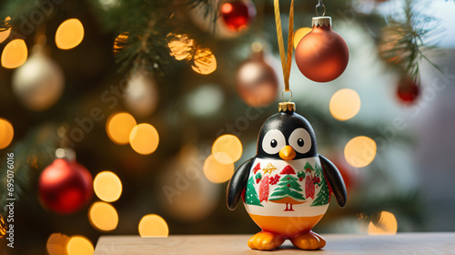  A penguin sitting on top of a christmas tree