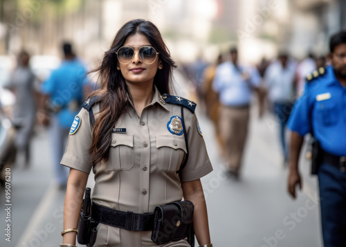 Indian woman working as police officer or cop, closeup portrait, blurred city street background. Generative AI