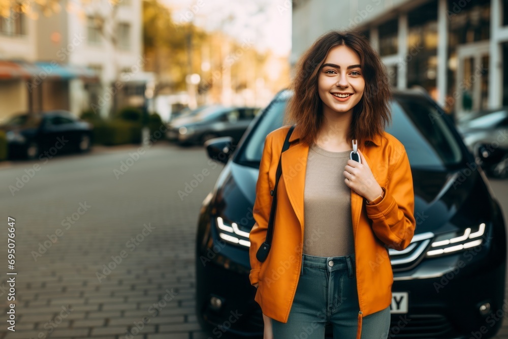 Joyful Milestone: Happy Woman's Excitement Soars as She Embarks on a New Car Purchase