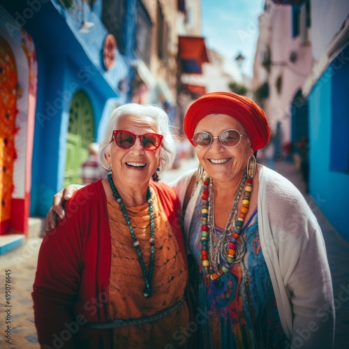 Elegance Amidst Azure: Older Woman Explores Chefchaouen, Morocco in a Stunning  Dress © Marcos