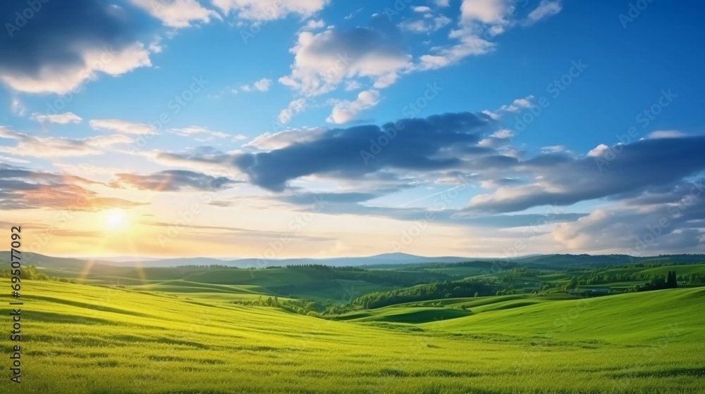 beautiful green meadow at sunrise in summer, colorful morning landscape wide panorama