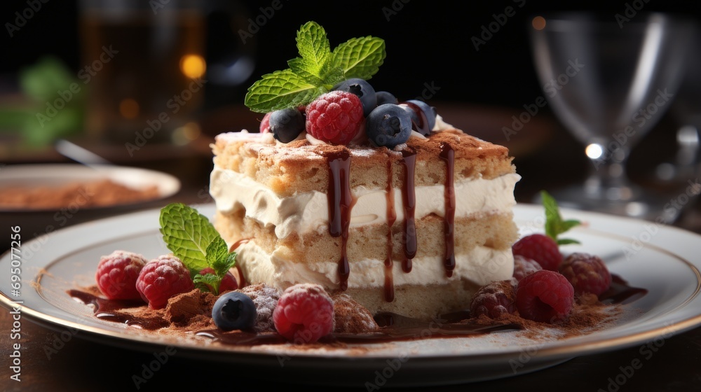 a piece of cake sitting on top of a white plate covered in berries and whipped cream and drizzled with chocolate. a piece of cake sitting on top of a white plate covered in berries and whipped cream and drizzled with chocolate.