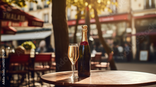 Generative AI, glass of champagne and bottle on wooden table with blur background with lights of street bar, cafe, coffee shop or restaurant, drink mock up