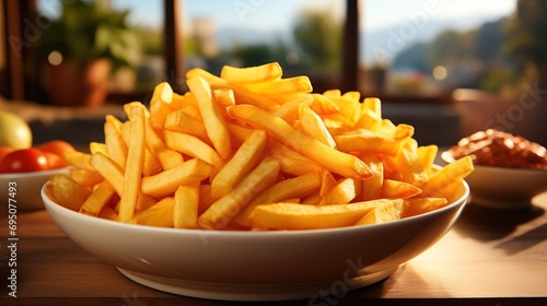  a bowl full of french fries sitting on a table next to a bowl of tomatoes and a bowl of fruit.