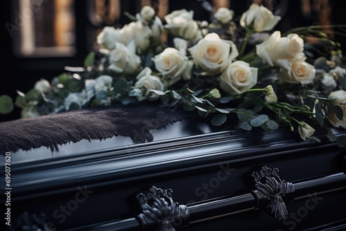 Final Farewell: Black Casket Adorned with White Flowers, Funeral Ceremony