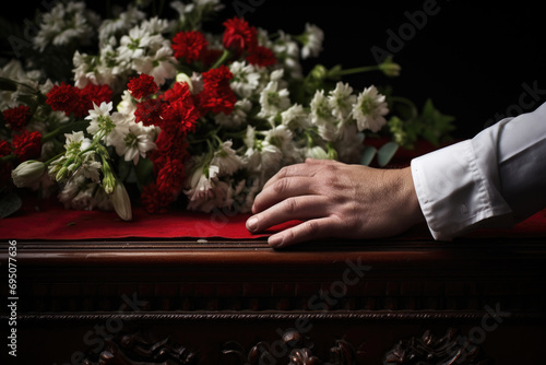 Close-Up of Casket with Red Flowers, Aged Hand Rests on Coffin, Elegy