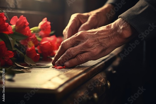 Dark Coffin with Red Floral Tribute, Elderly Hand in Mourning photo