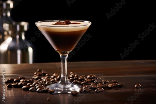 An enticing coffee-based drink in a glass, set against a velvety dark background, promising a luxurious taste experience