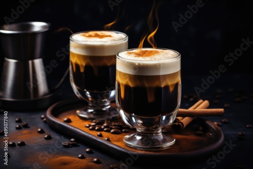 Multiple coffee cocktails with artistic cream swirls, inviting you to embark on a sensory journey through coffee bliss