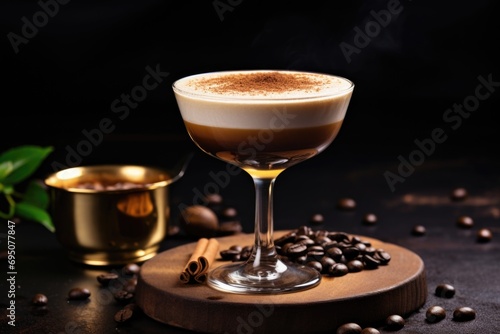 A tempting coffee-based drink in a glass on a deep  dark surface  promising moments of pure delight