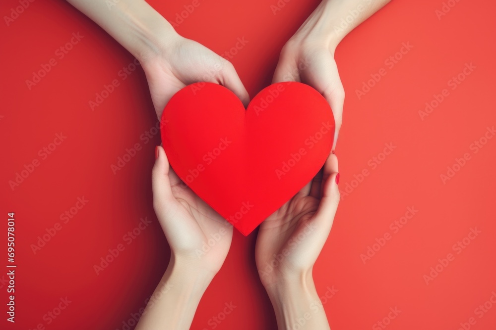 Hands holding a red heart together, representing mutual support Hands holding a red heart together, representing mutual support