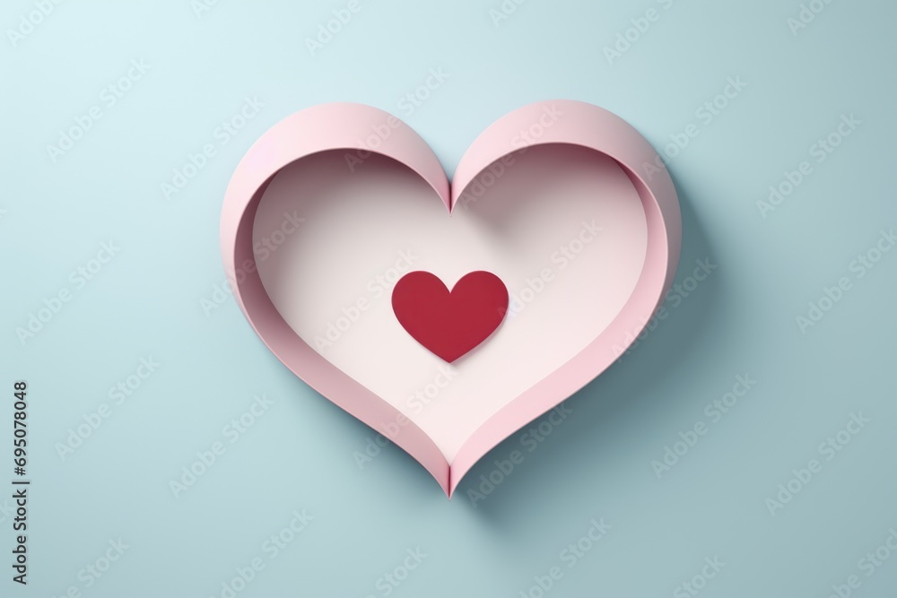 A romantic paper cut-out heart in pastel pink with a contrasting red center, creating a sense of intimacy and love.