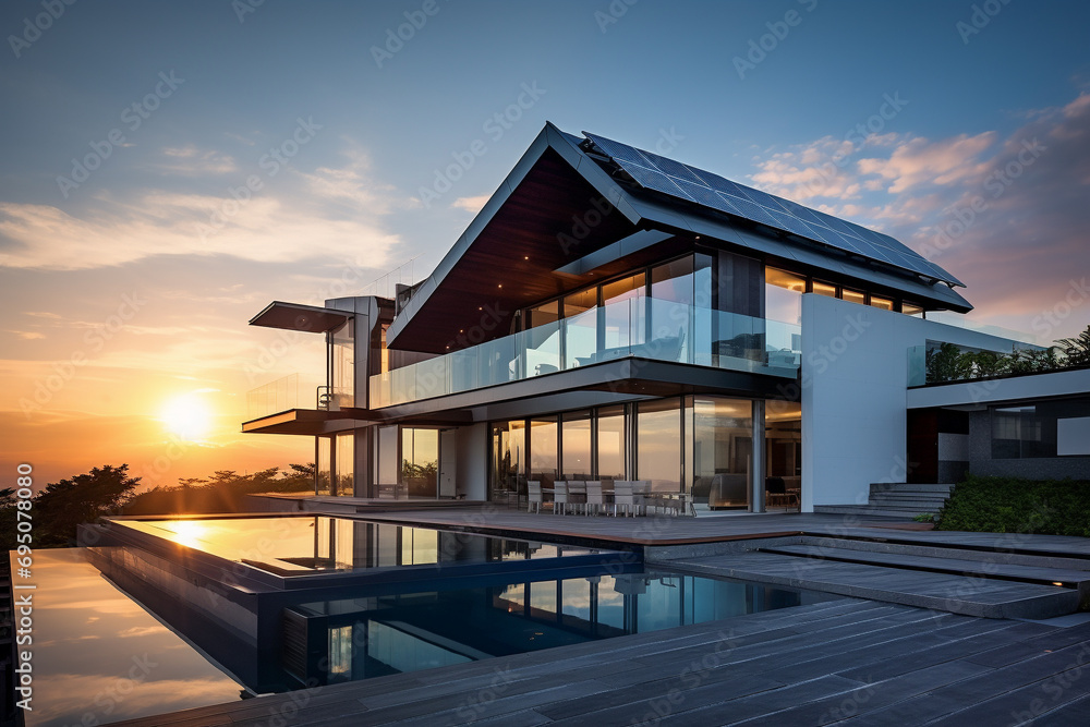 Beautiful house with solar panels on the roof under a bright sky. Sustainable and clean energy at a new eco friendly home. Beautiful house with solar panels on the roof under a bright sky. Sustainable and clean energy at a new eco friendly home.