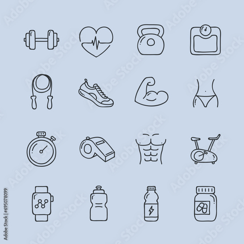 Icônes élégants Sport et Santé. Musculation, Cardio, Chrono, Poids, Corde à sauter, Balance, Coeur. Vecteurs