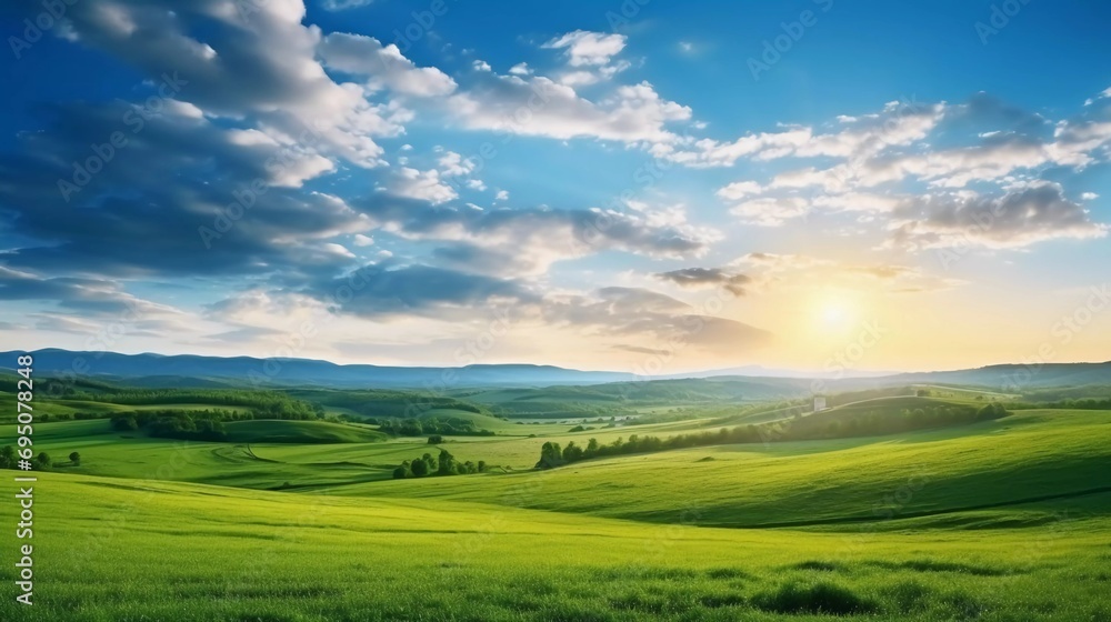 beautiful green meadow at sunrise in summer, colorful morning landscape wide panorama