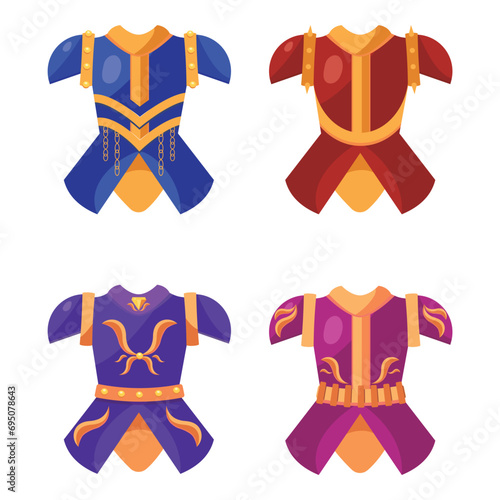 Set of royal armor in a cartoon style. Vector illustration of beautiful royal armor, outerwear with decorations, belts in blue, red, purple, pink colors isolated on white background.Chest armor.