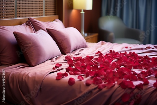 Elegant gesture Rose petals on the bed adding a touch of luxury and romance