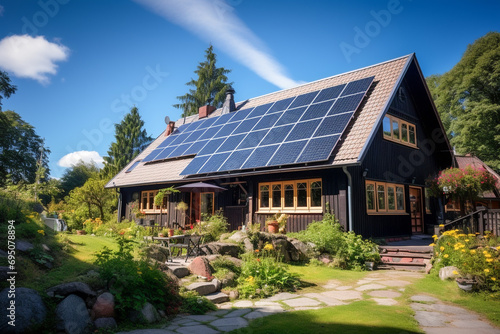 Beautiful house with solar panels on the roof under a bright sky. Sustainable and clean energy at a new eco friendly home. © Natural Sources