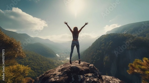 Happy young woman with arms raised jumping on mountain peak, Successful climber celebrating success on mountain peak, Hiking lifestyle concept on forest trail photo