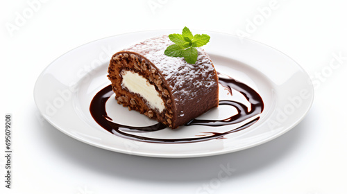 A Plate with a Slice of a Chocolate Roll Cake isolated on white