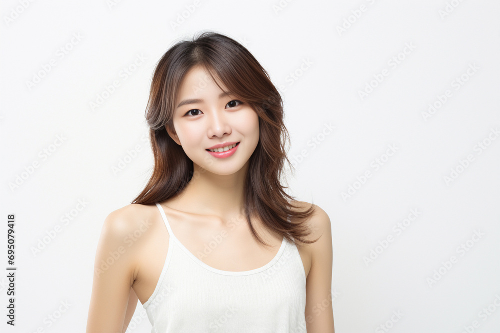 liveliness as a woman in a camisole stands and smiles against a vibrant white background, exuding a lively and stylish demeanor. Generative AI. liveliness as a woman in a camisole stands and smiles against a vibrant white background, exuding a lively and stylish demeanor. Generative AI.