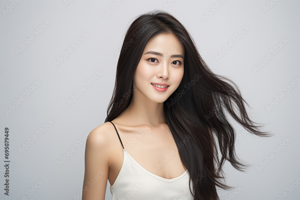 liveliness as a woman in a camisole stands and smiles against a vibrant white background, exuding a lively and stylish demeanor. Generative AI. liveliness as a woman in a camisole stands and smiles against a vibrant white background, exuding a lively and stylish demeanor. Generative AI.
