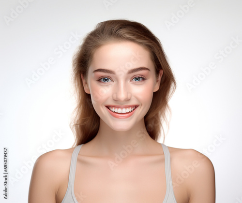 liveliness as a woman in a camisole stands and smiles against a vibrant white background  exuding a lively and stylish demeanor. Generative AI.