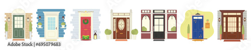 Many vintage doors of houses on white background