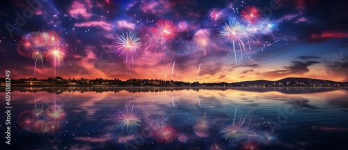 Fireworks with exciting reflections on a calm lake