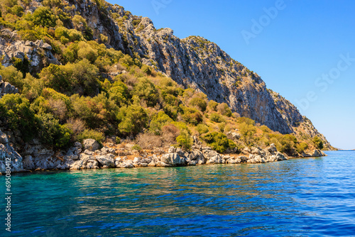 Beautiful nature with sea and mountains. Background with selective focus and copy space photo