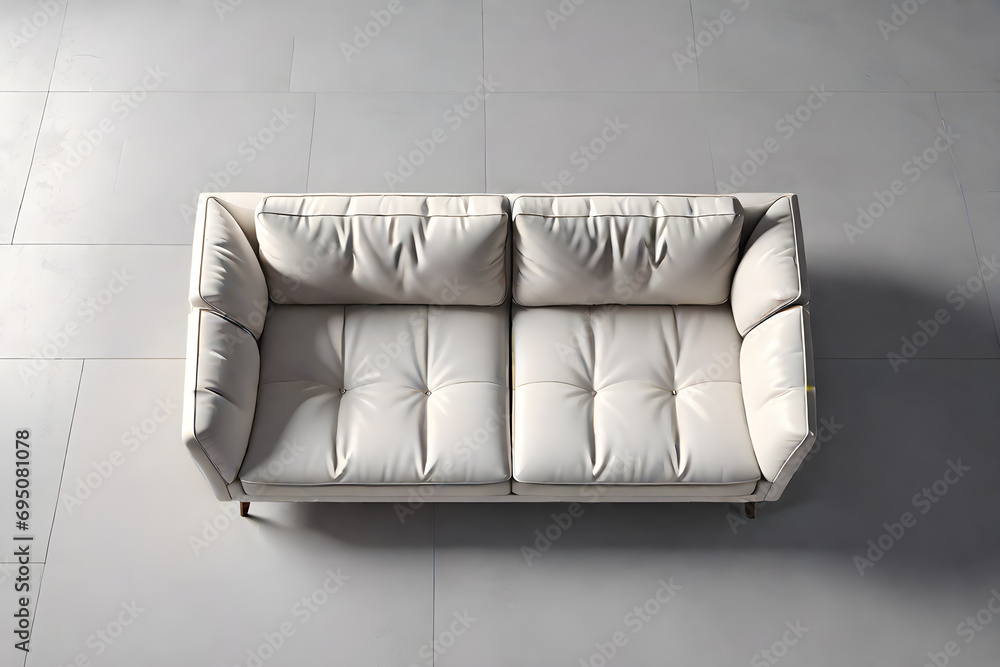 Fototapeta premium minimalistic white sofa on white background top view flat lay