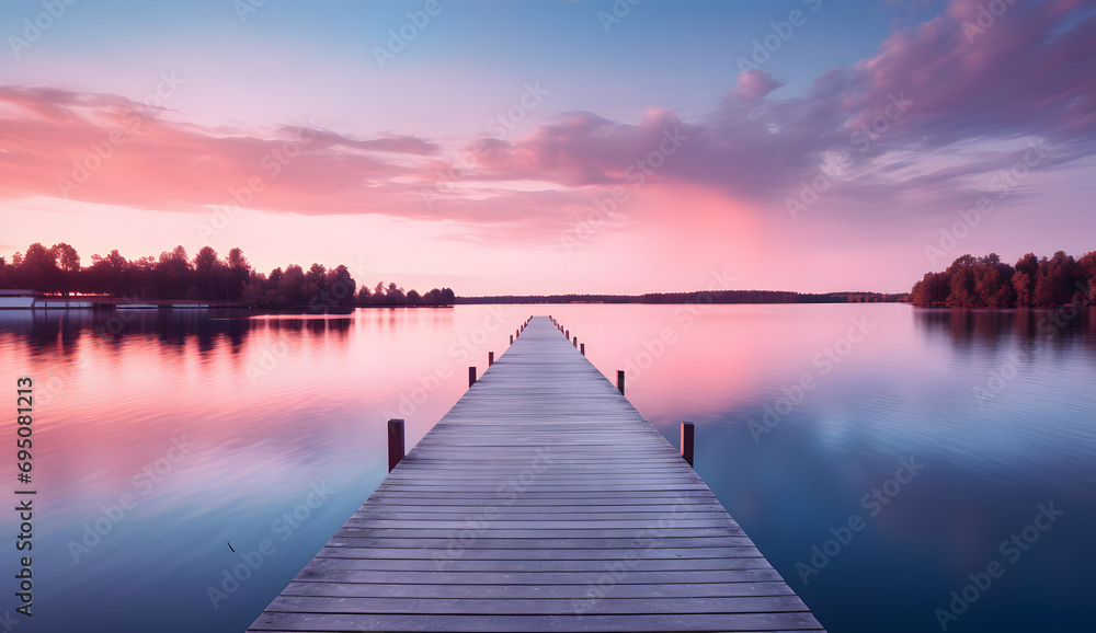 Muelle en lago al atardecer